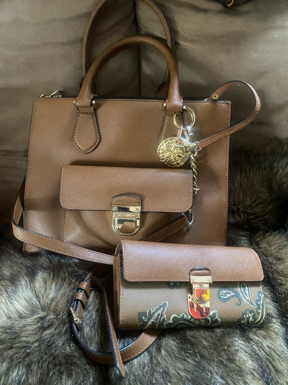 Michael Kors Brown Saffiano Satchel with Front Pocket & Gold Charm